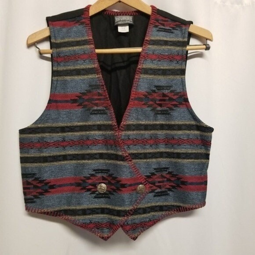 Vintage 70s Roughrider Circle T Boho Western Southwestern Woven Front Vest Large